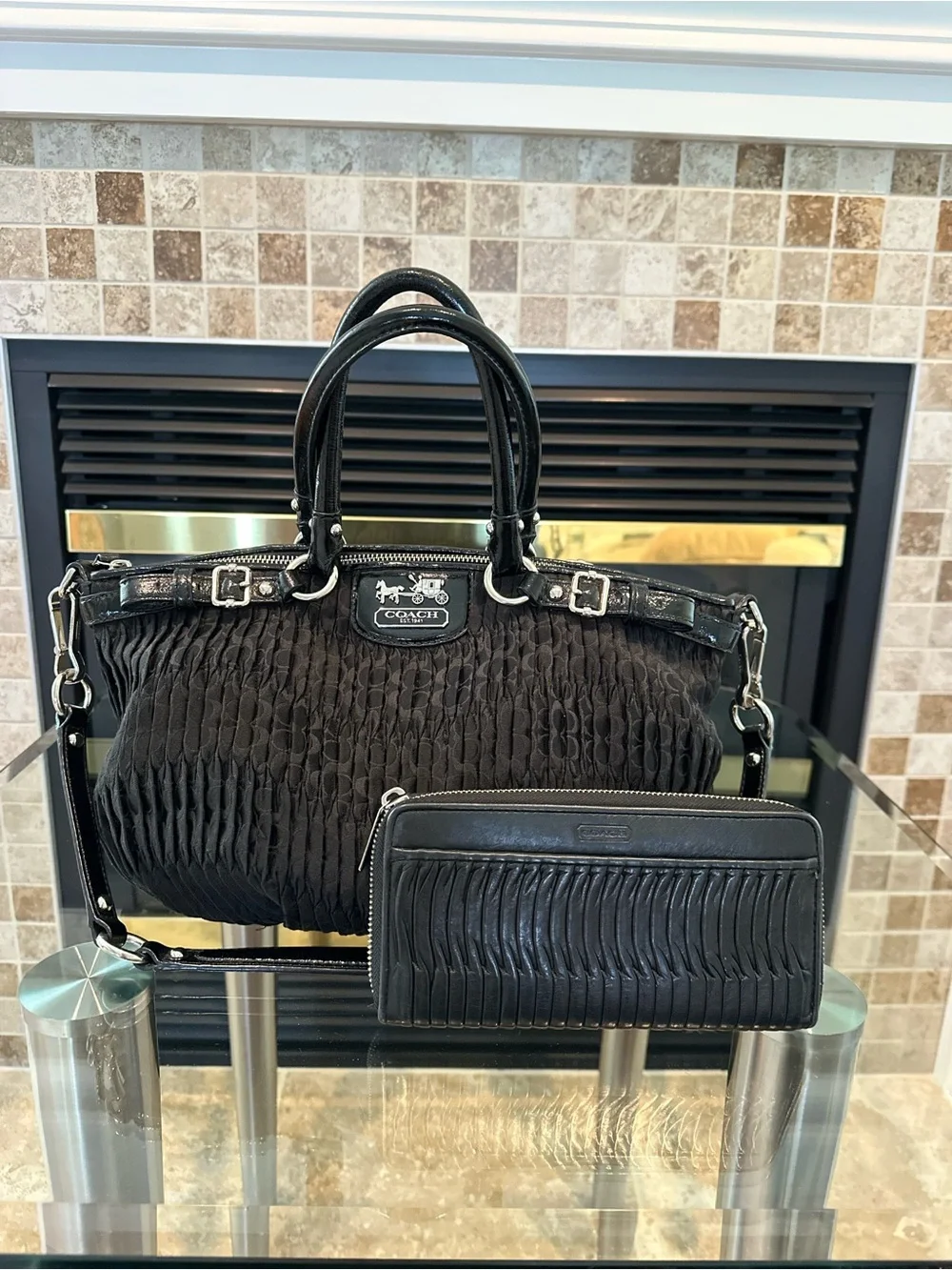 Coach Black Pleated Duffel Bag with Matching Zip Wallet